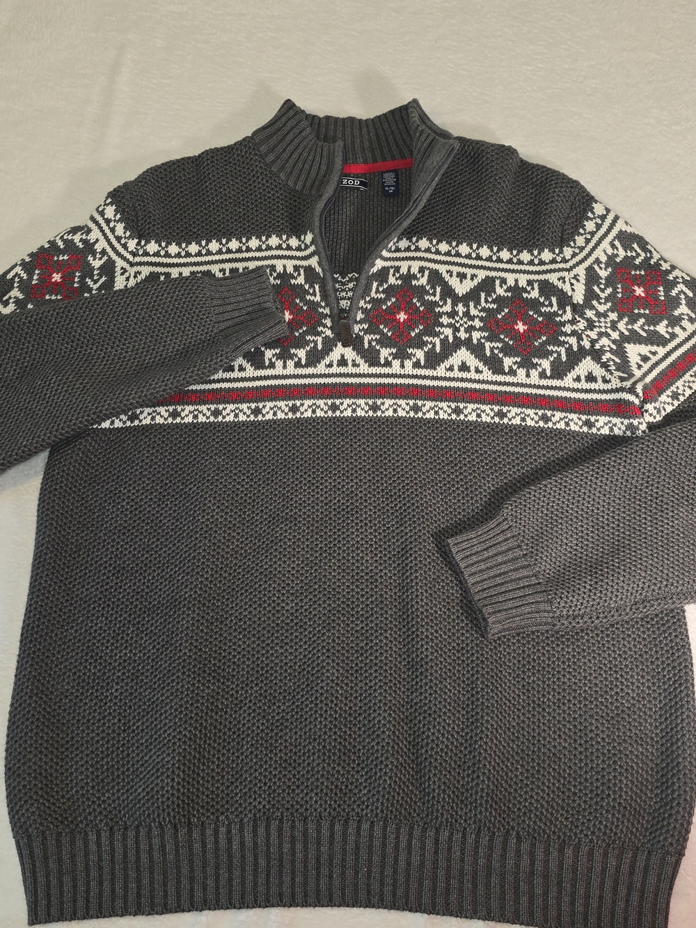 IZOD Mens Gray Fair Isle Nordic Quarter Zip Pullover Sweater Size XL Soft Warm